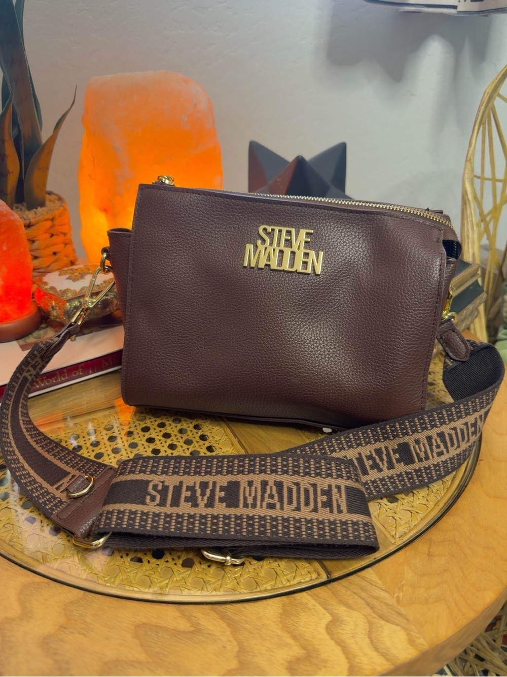 Steve Madden Brown Faux Leather Crossbody Bag Gold Logo Wide Strap
